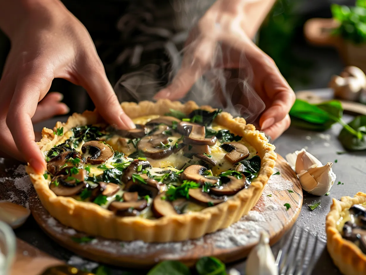 Preparing mini mushroom and spinach quiche