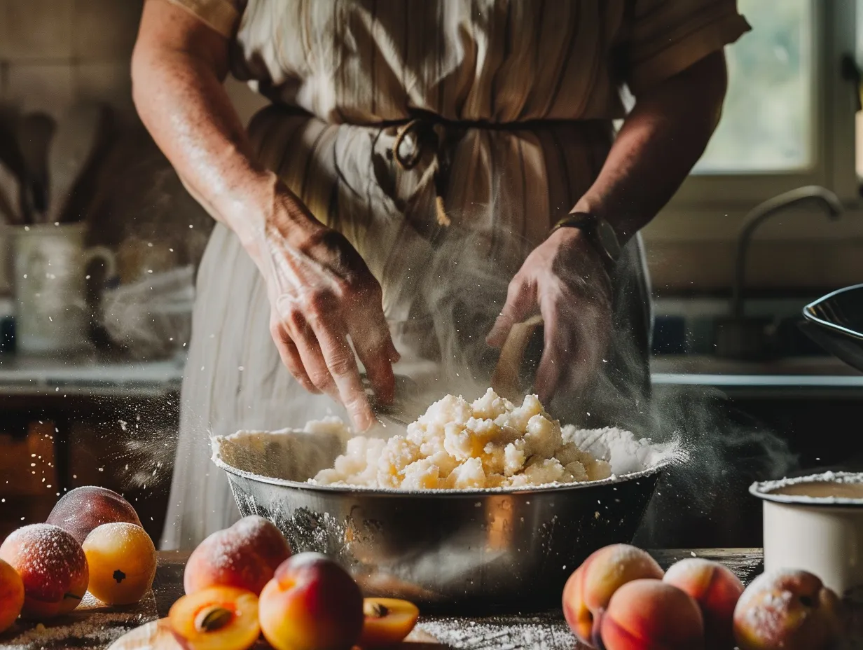 Preparing nectarine cobbler in kitchen