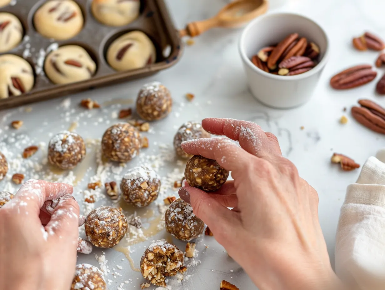 Preparing no-bake pecan pie balls