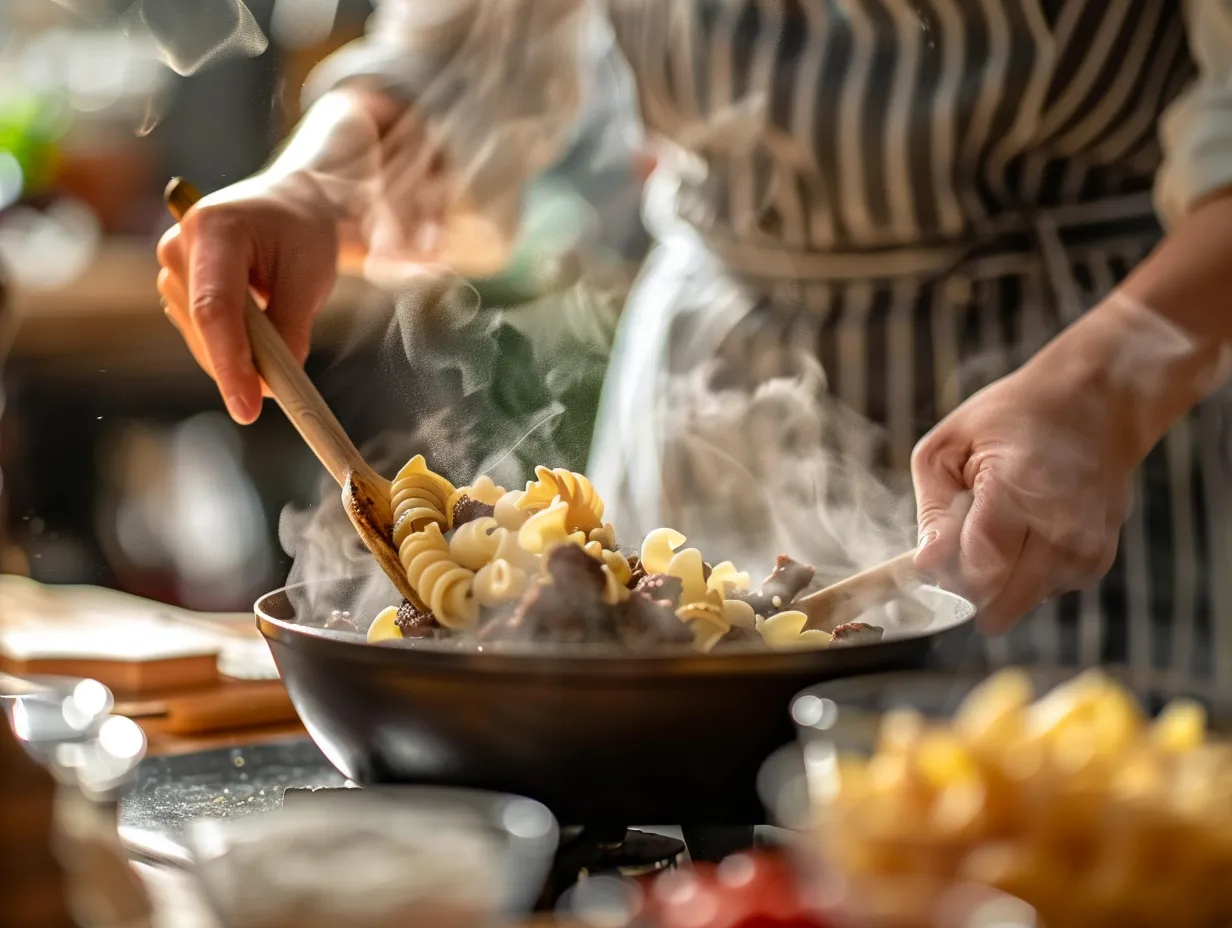 preparing-one-pot-beef-and-cheddar-ranch-pasta