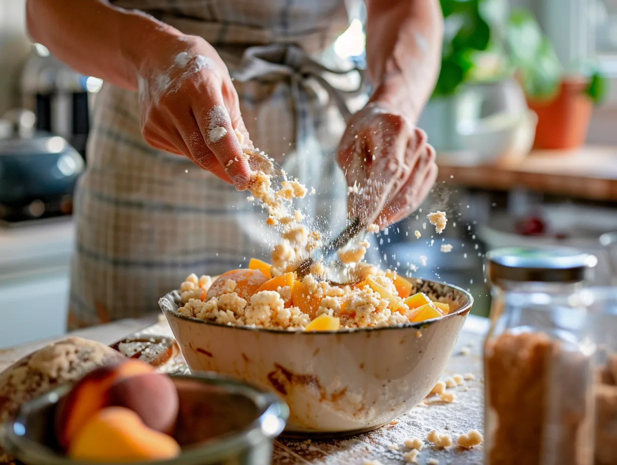Preparing Peach Crumb Cake