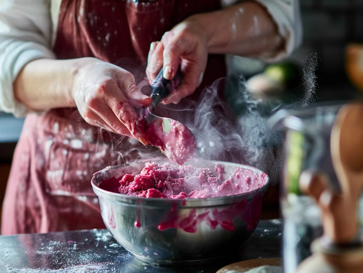 A person gently folding whipped cream into raspberry puree in a large bowl, demonstrating a step in making homemade raspberry mousse.