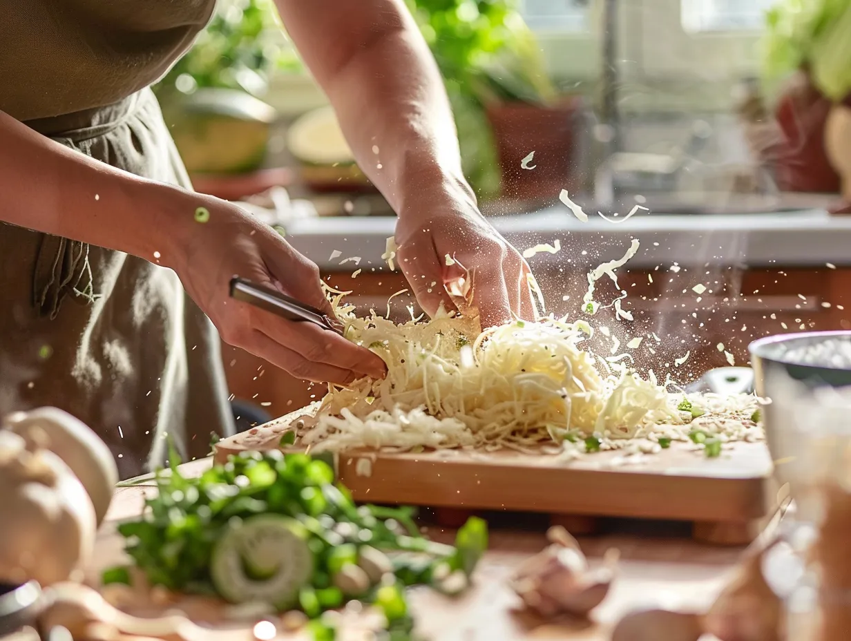 preparing sesame chicken cabbage crunch salad