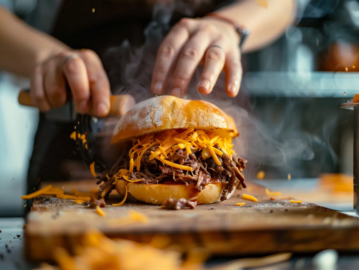 Preparing slow cooker beef and cheddar sandwich