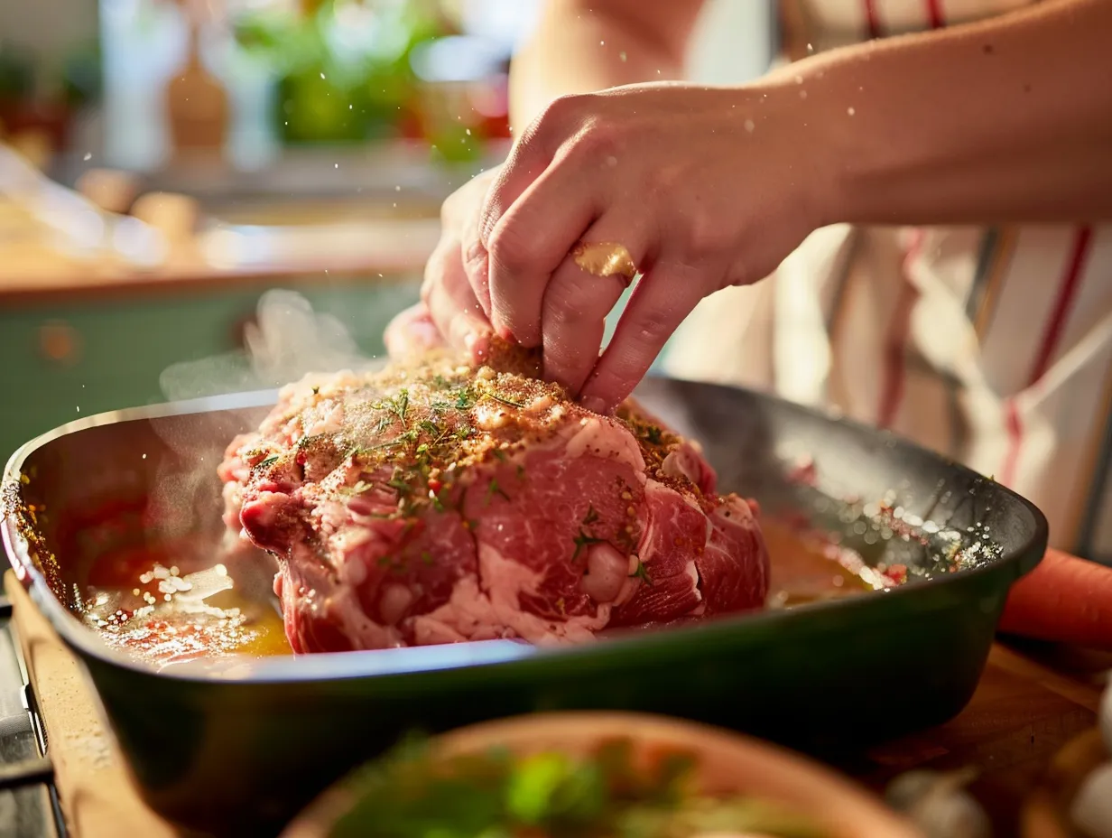 Preparing slow cooker corned beef in the kitchen