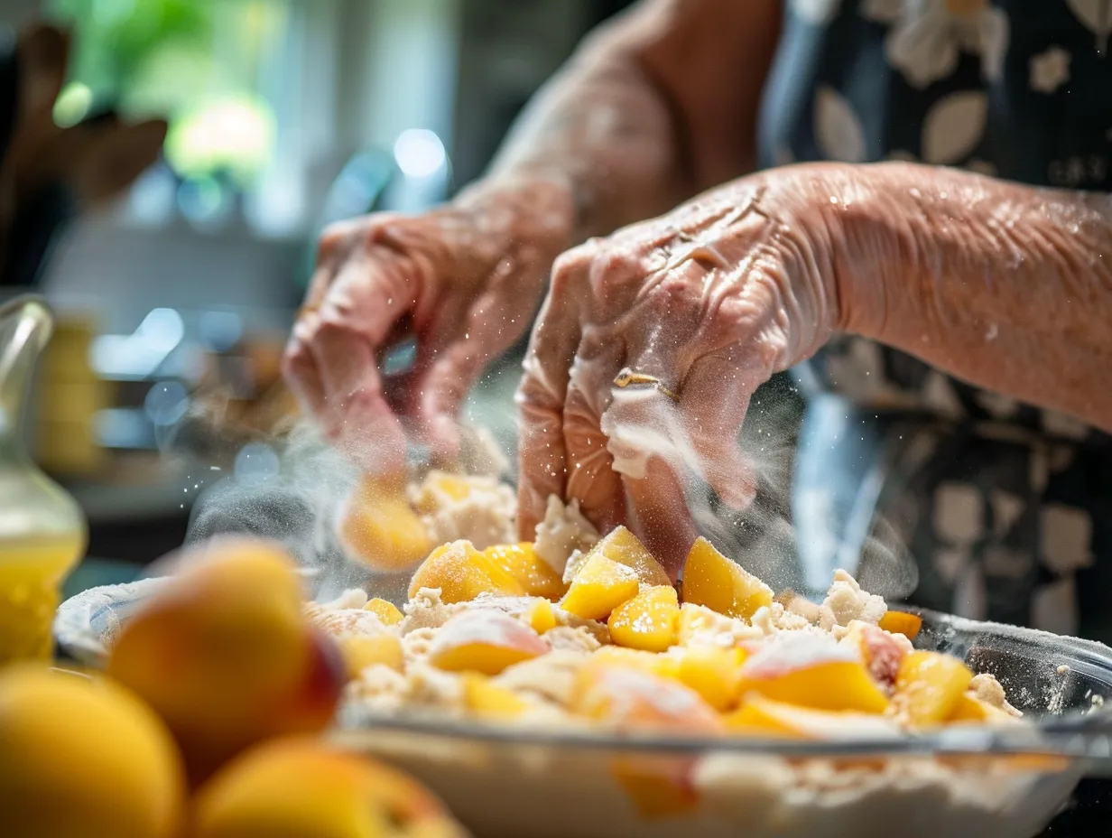Preparing southern peach cobbler in the kitchen