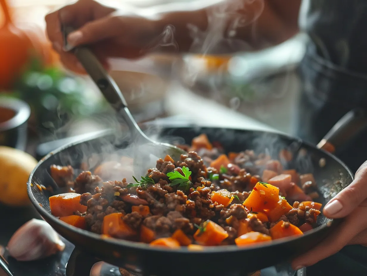 Preparing Southwest Beef and Sweet Potato Skillet