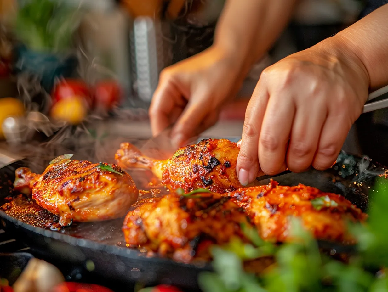 Preparing spicy grilled harissa chicken on the grill