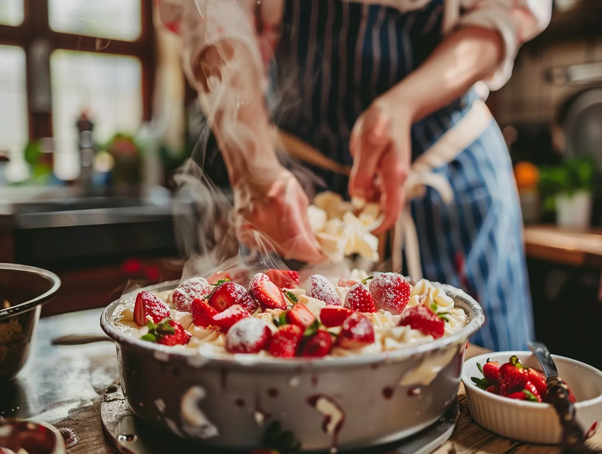 Preparing Strawberry Cheesecake Poke Cake