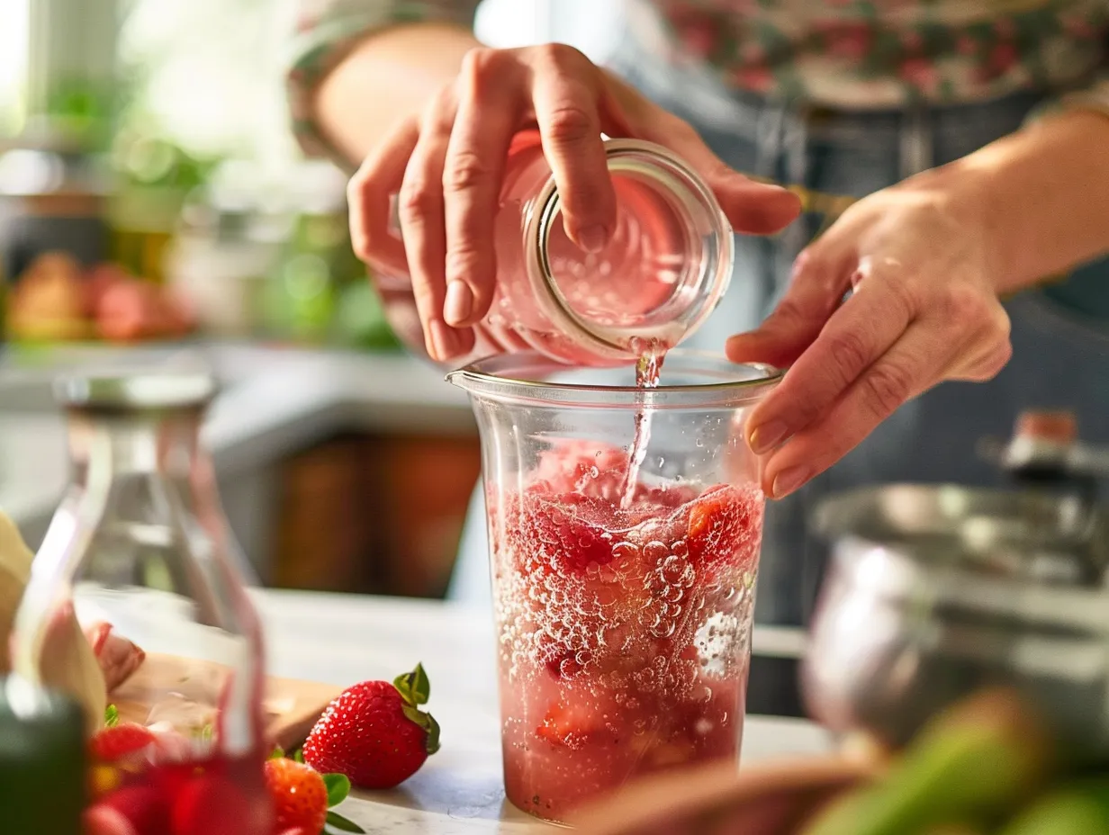 Preparing Strawberry Rhubarb Fermented Soda