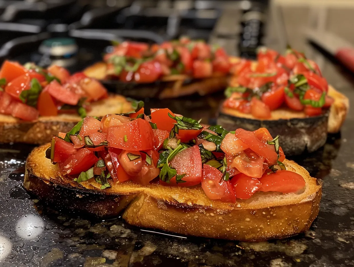Proudly displayed homemade cold tomato bruschetta