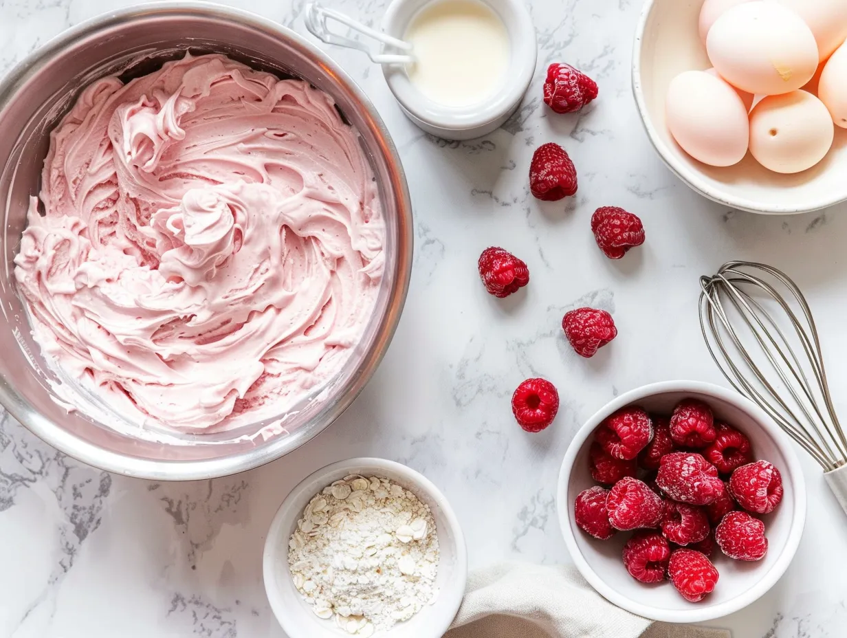 Ingredients for 6-ingredient raspberry mousse laid out on a marble surface, including fresh raspberries, sugar, lemon, vanilla, heavy cream, and powdered sugar.