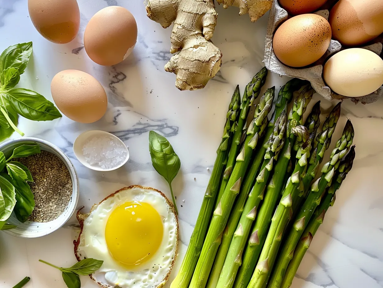 Raw ingredients for baked eggs with asparagus