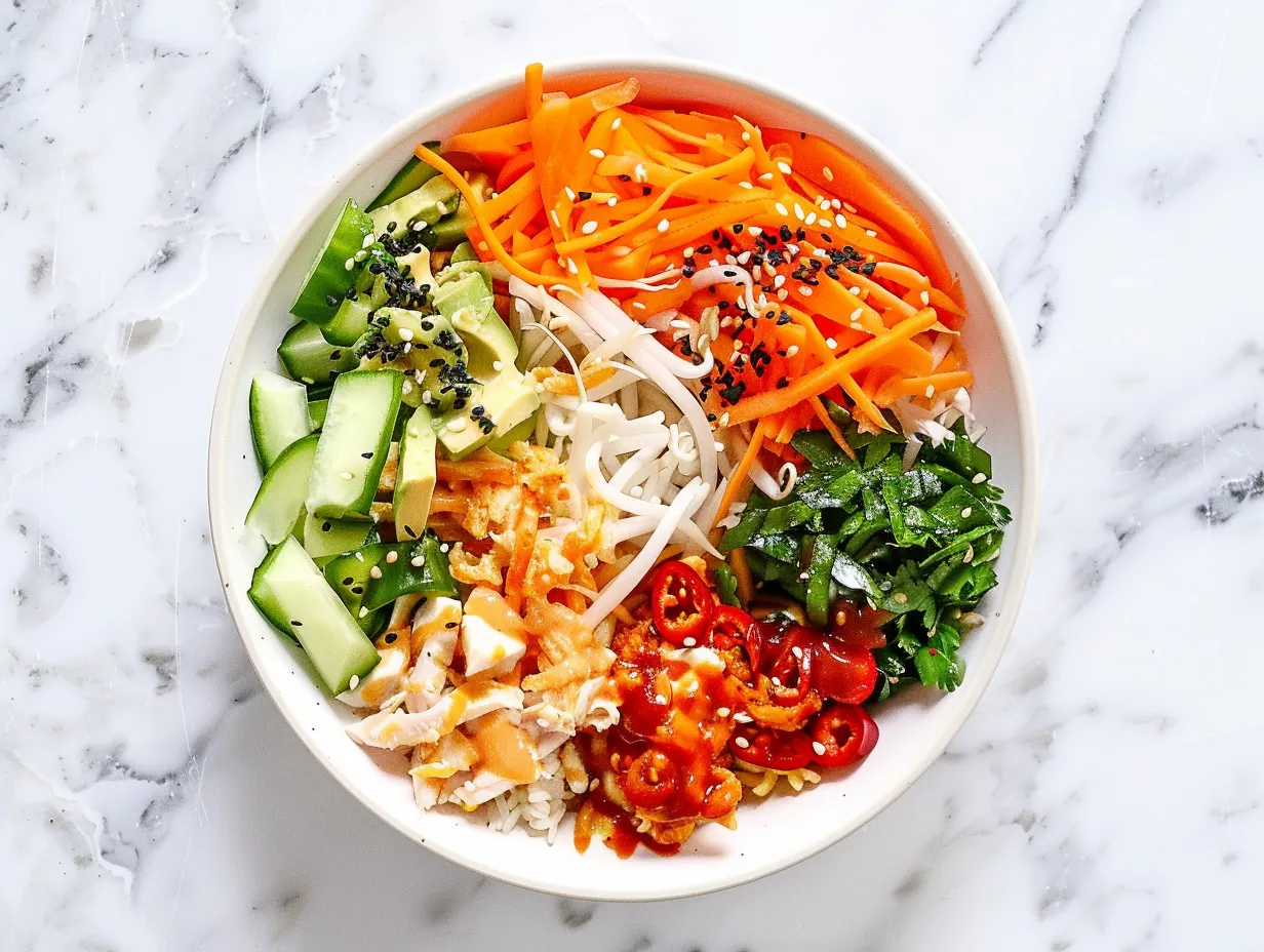 raw ingredients for bang bang chicken bowl