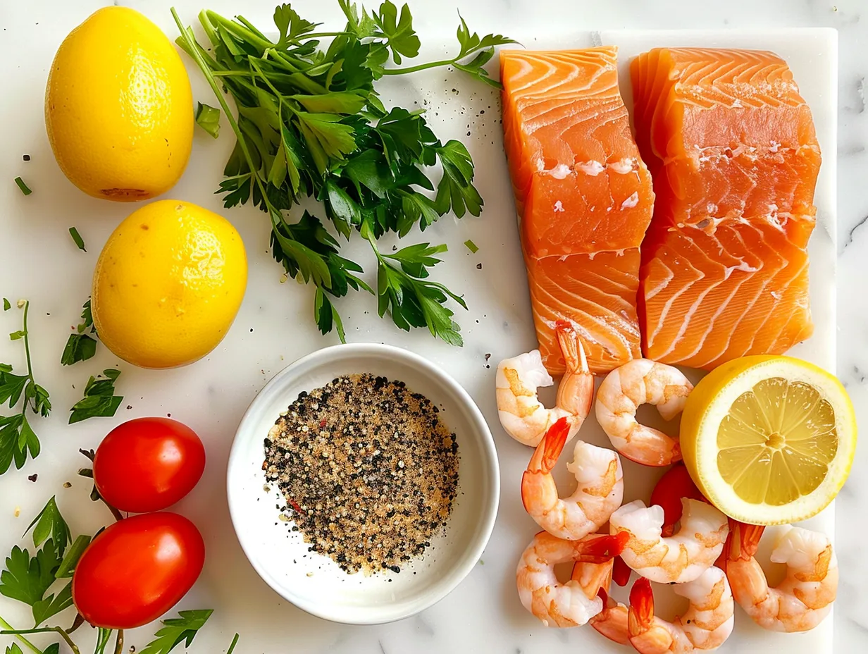 Raw Ingredients for Cajun Salmon and Shrimp