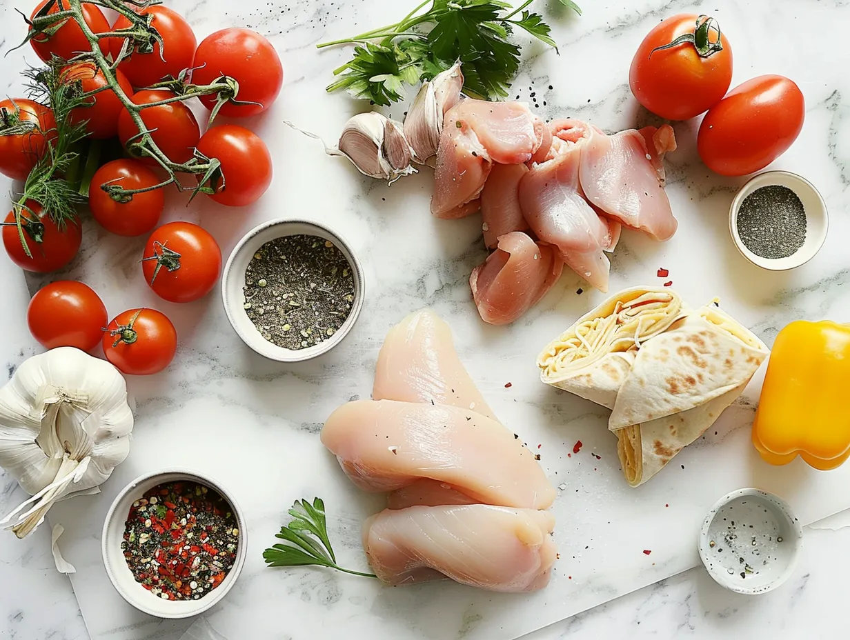 Raw ingredients for Cheesy Garlic Chicken Wraps