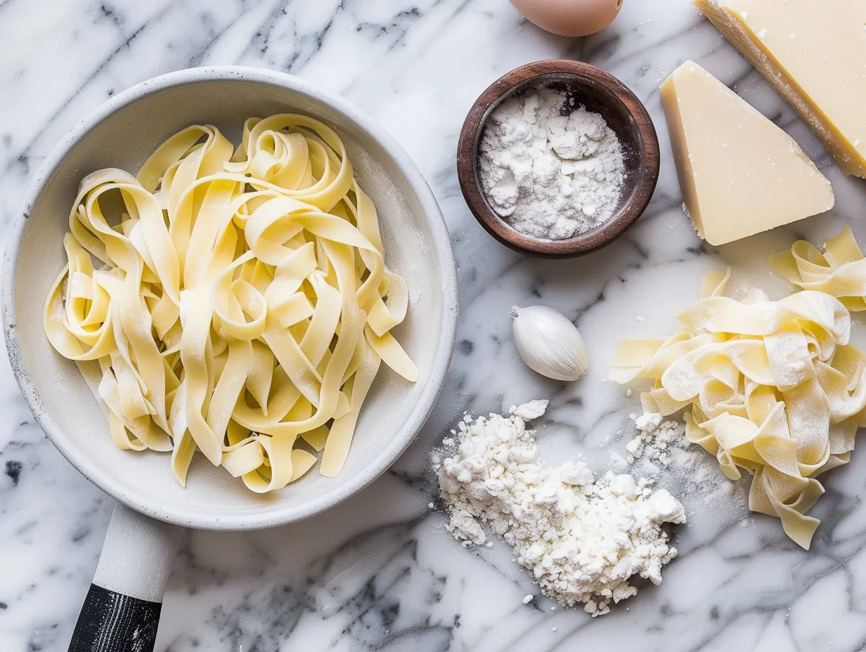 raw ingredients for creamy chicken buttered noodles