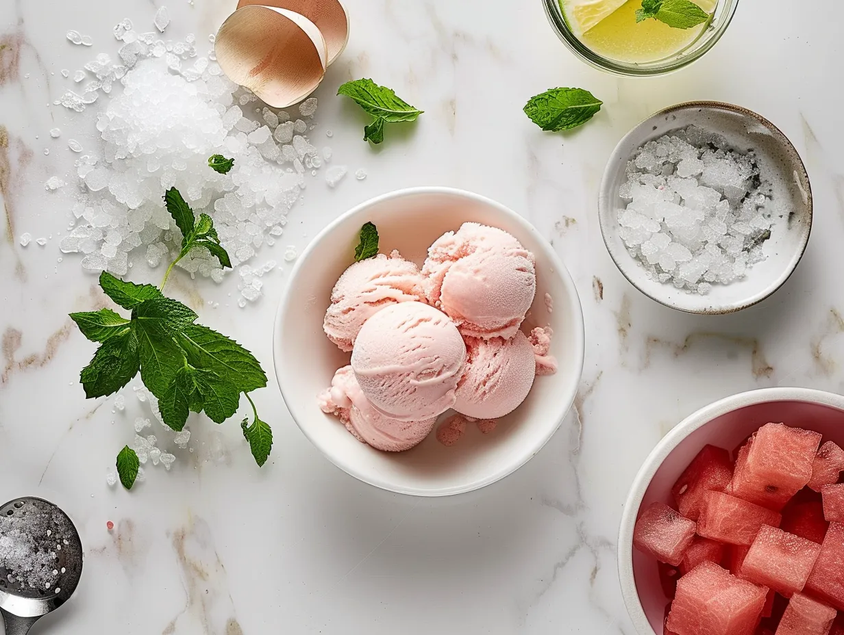 Raw Ingredients for Fresh Mint Ice Cream and Salted Watermelon Granita