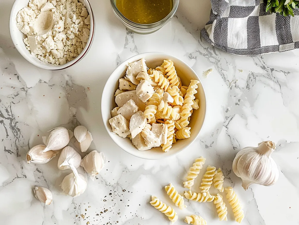 Raw ingredients for garlic butter chicken and cheesy cajun rotini