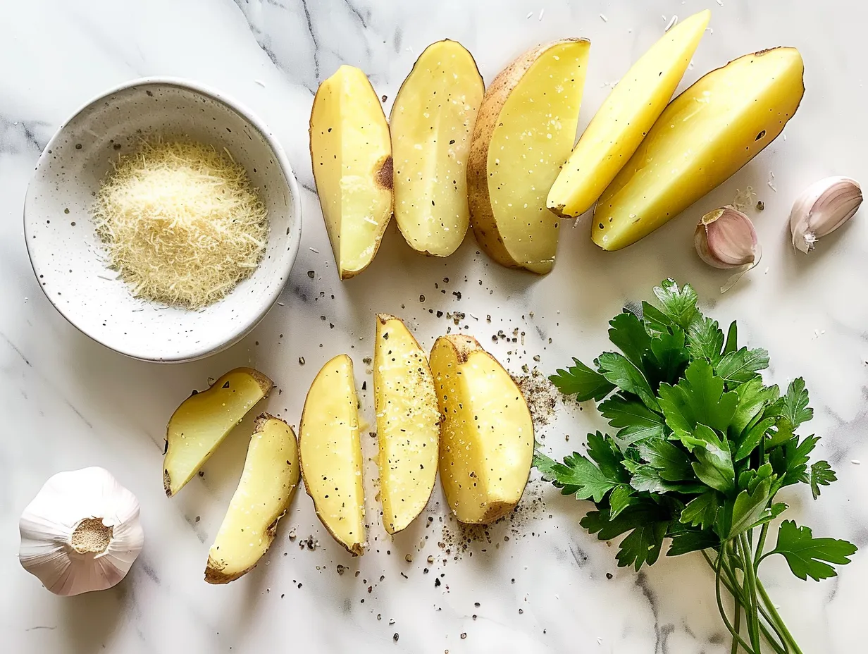 raw ingredients for garlic parmesan potato wedges