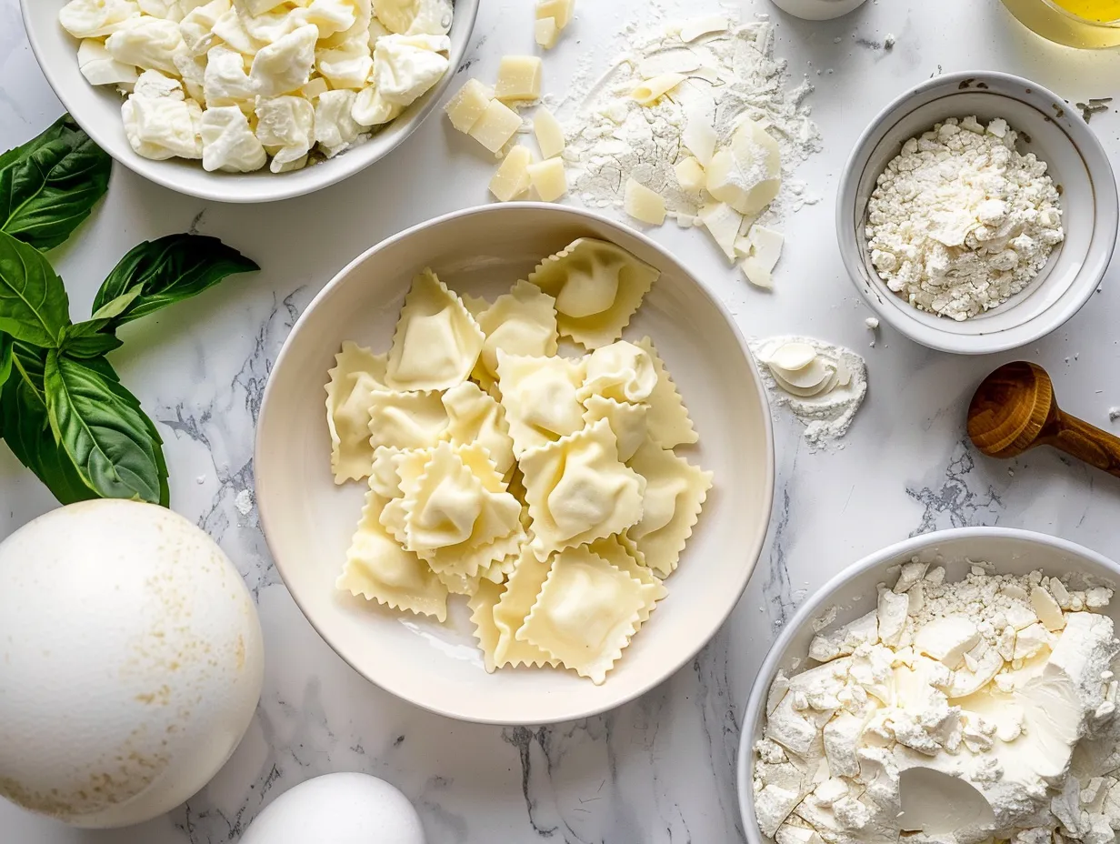 raw ingredients for million dollar ravioli casserole on white marble