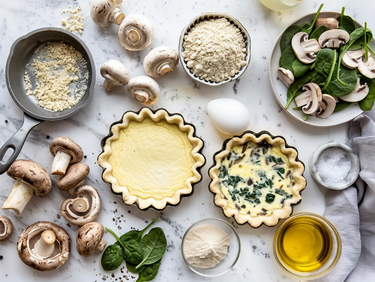 Raw ingredients for mini mushroom and spinach quiche