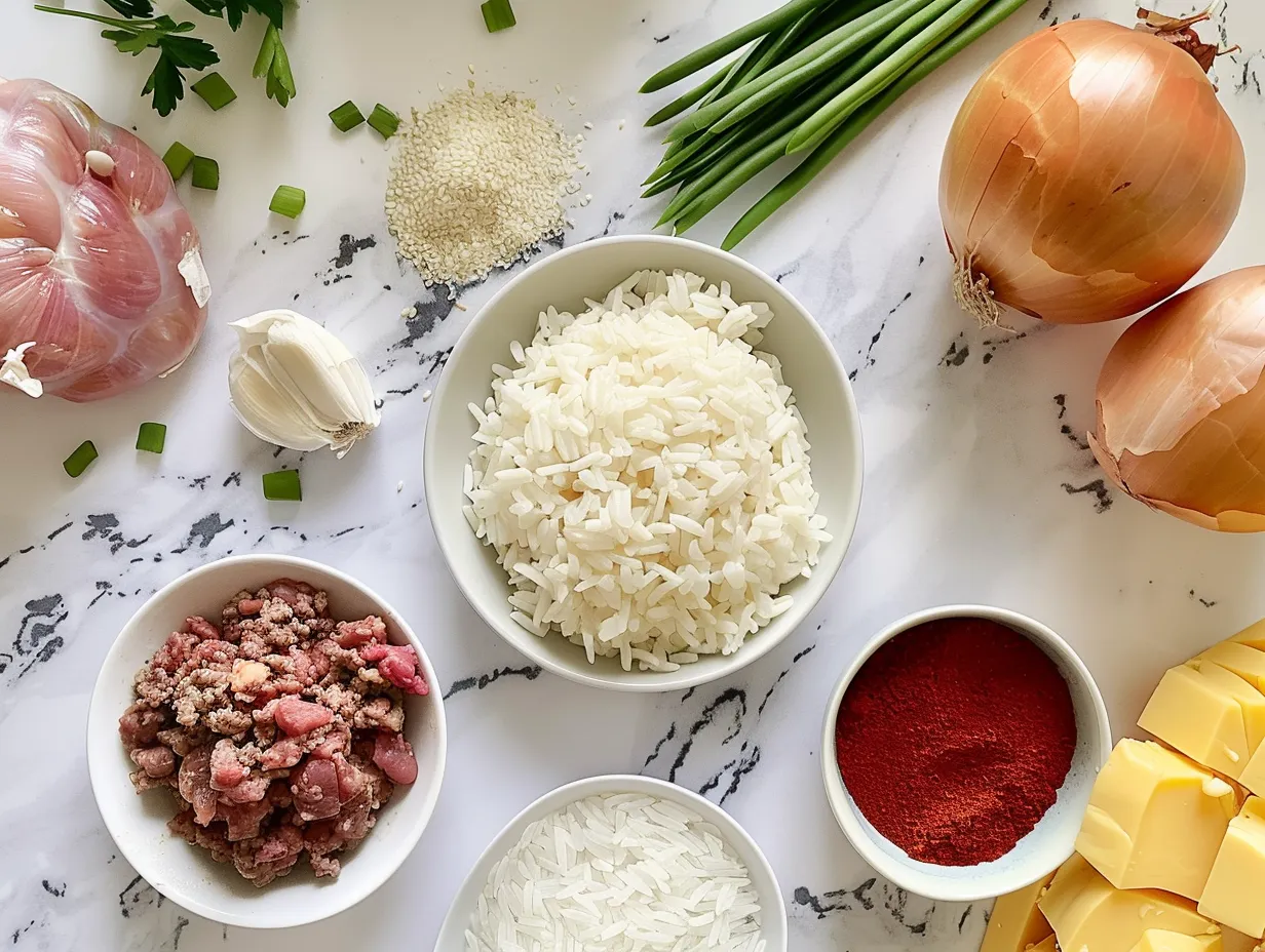 Raw ingredients for onion beef fried rice
