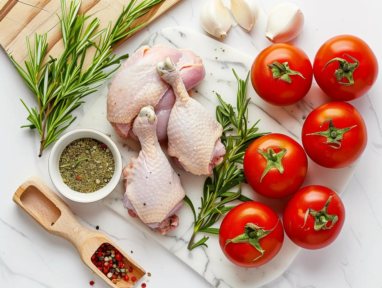Raw ingredients for oven roasted chicken on a marble surface