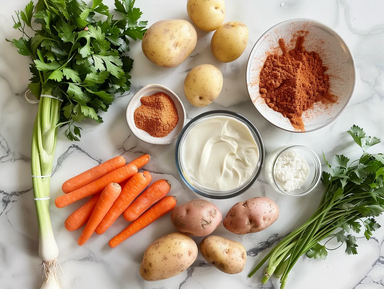 Raw ingredients for spicy cajun potato chowder