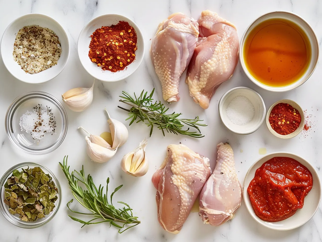 Raw ingredients for spicy grilled harissa chicken