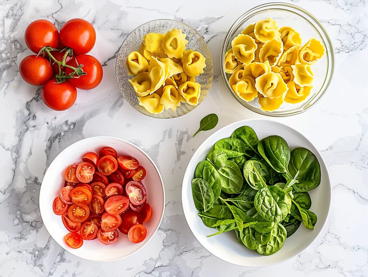 raw ingredients for spinach tomato tortellini