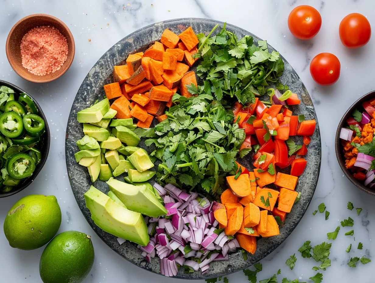 Raw ingredients for sweet potato taco bowl