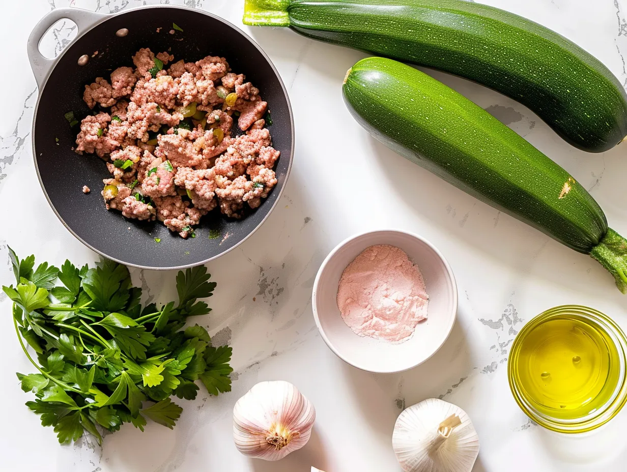 Raw ingredients for sweet potato zucchini ground beef skillet