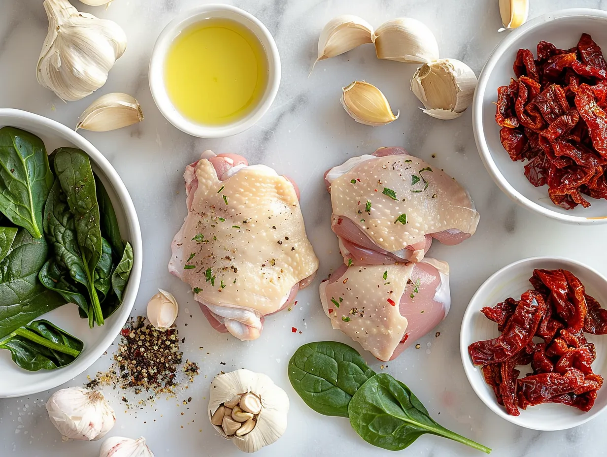 Raw ingredients for Tuscan Garlic Chicken Thighs
