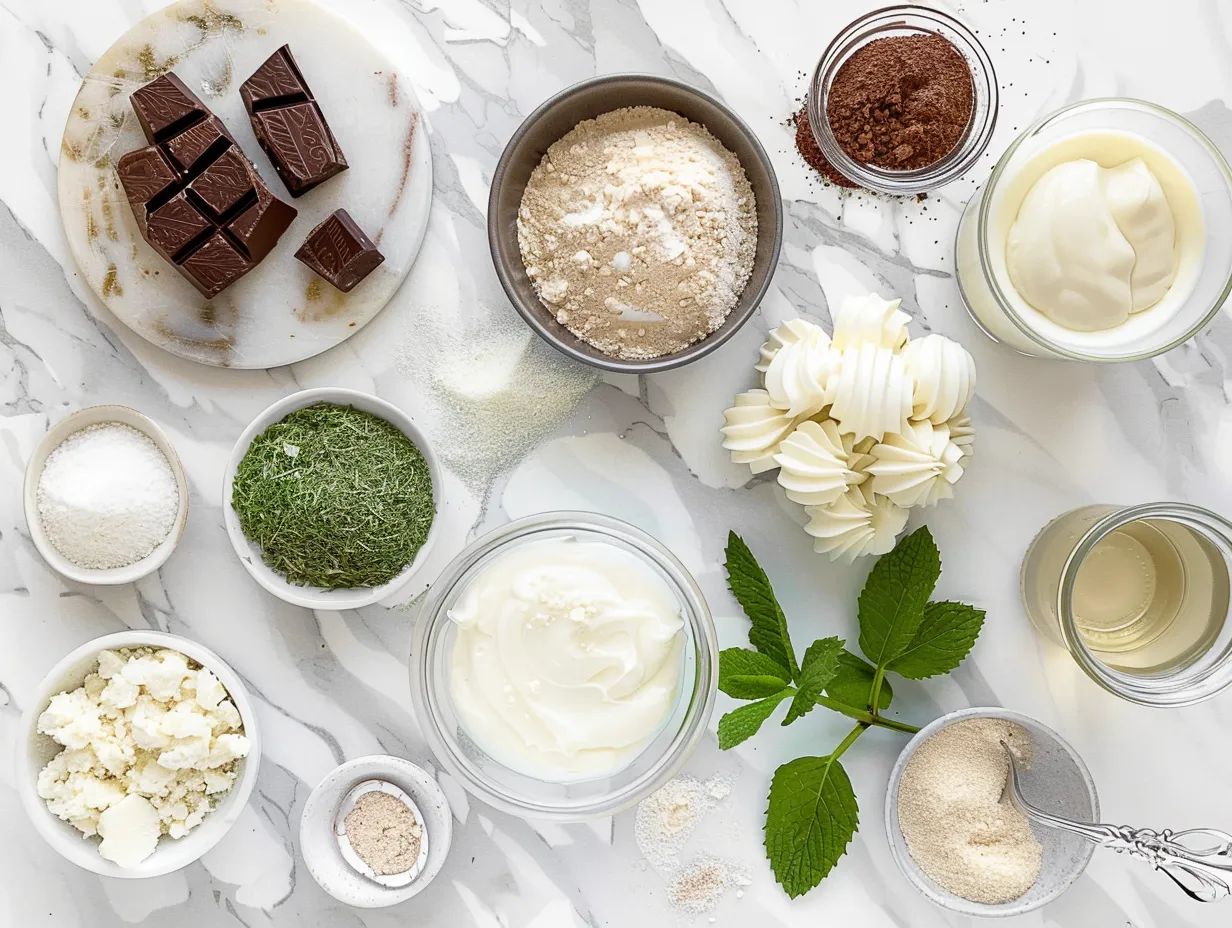 Raw ingredients for white chocolate peppermint cheesecake mousse pie