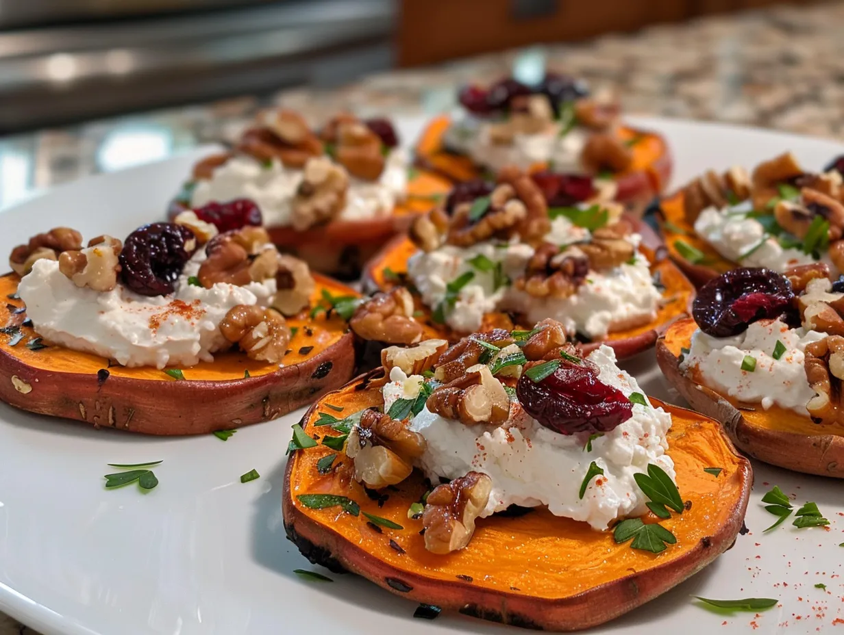 Roasted Sweet Potato Rounds With Herbed Ricotta Walnuts And Cranberries