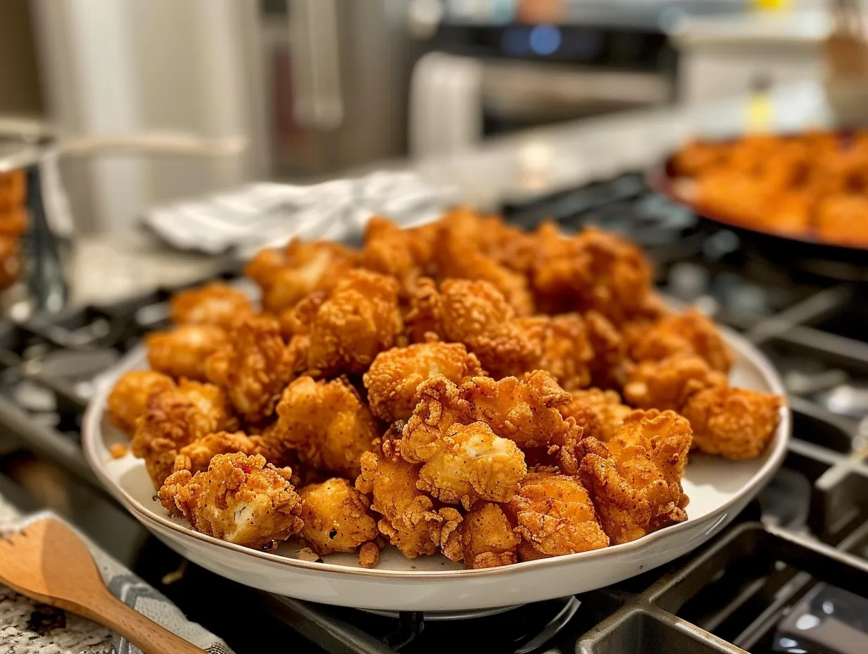 A basket full of golden-brown, crispy homemade popcorn chicken, ready to be served.