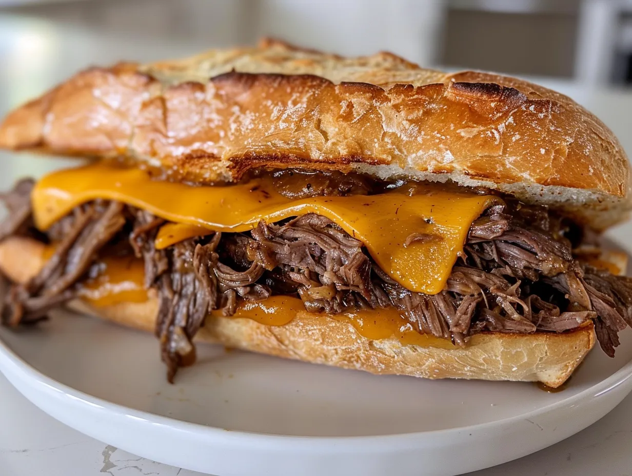slow cooker beef and cheddar sandwich