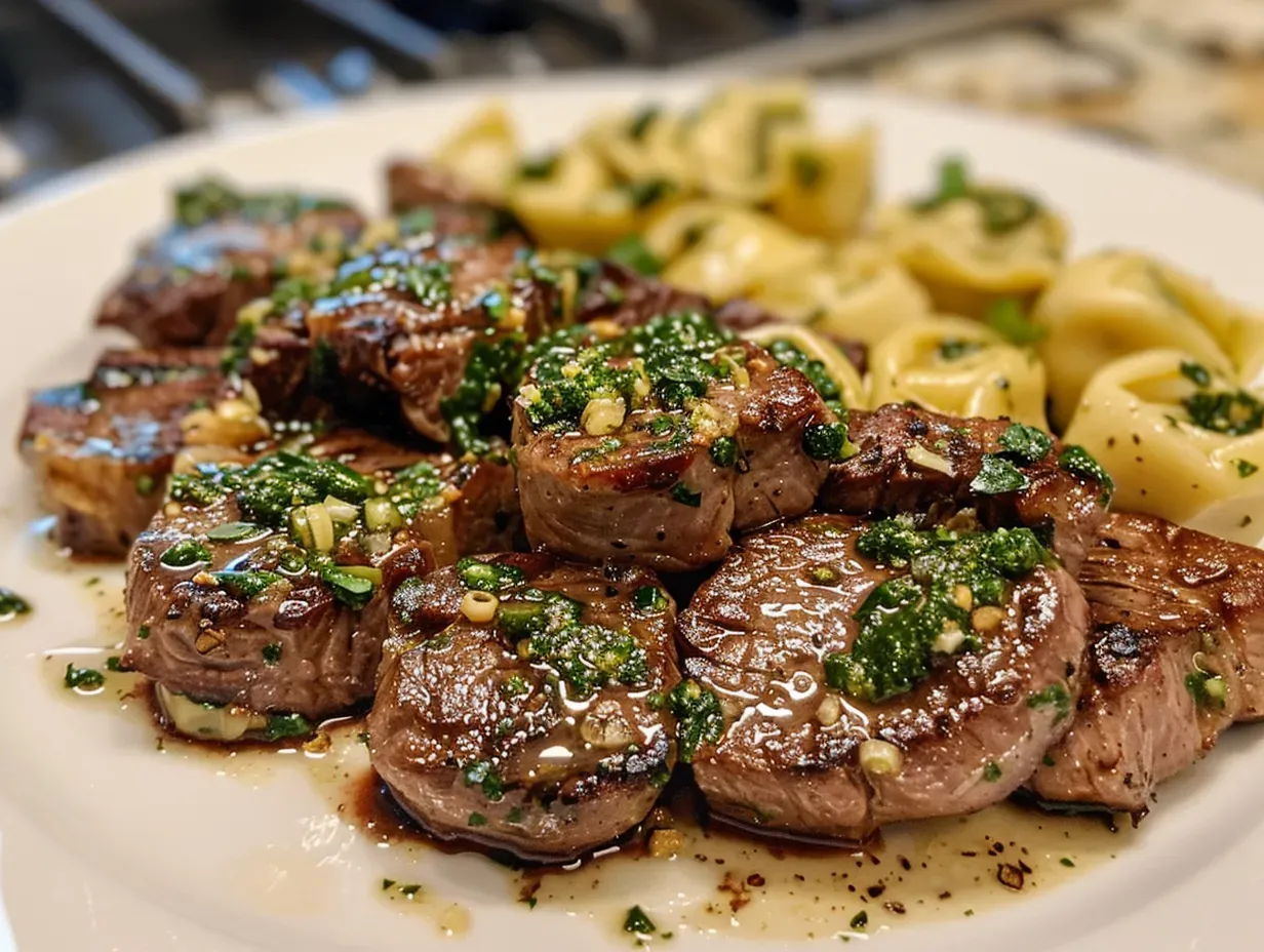 Easy Tender Steak Bites With Pesto Alfredo Tortellini Sauce