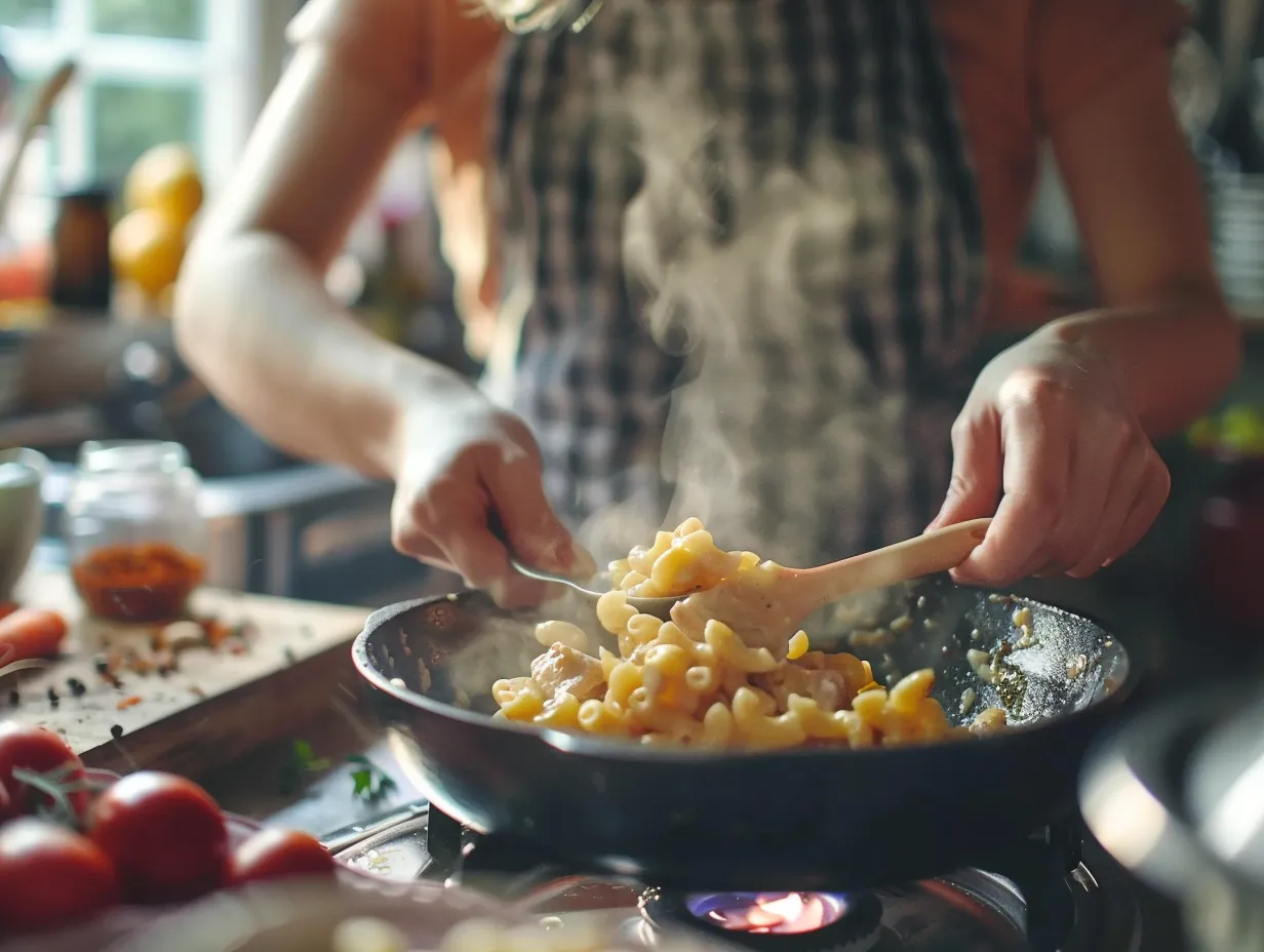 A step-by-step visual of the mac and cheese making process, including cooking pasta, making sauce, and combining ingredients in a baking dish.