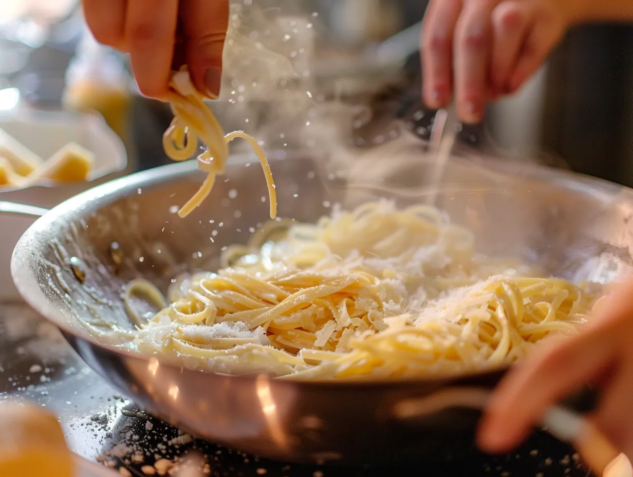 Step by step instructions for making creamy garlic parmesan chicken with cheesy twisted pasta