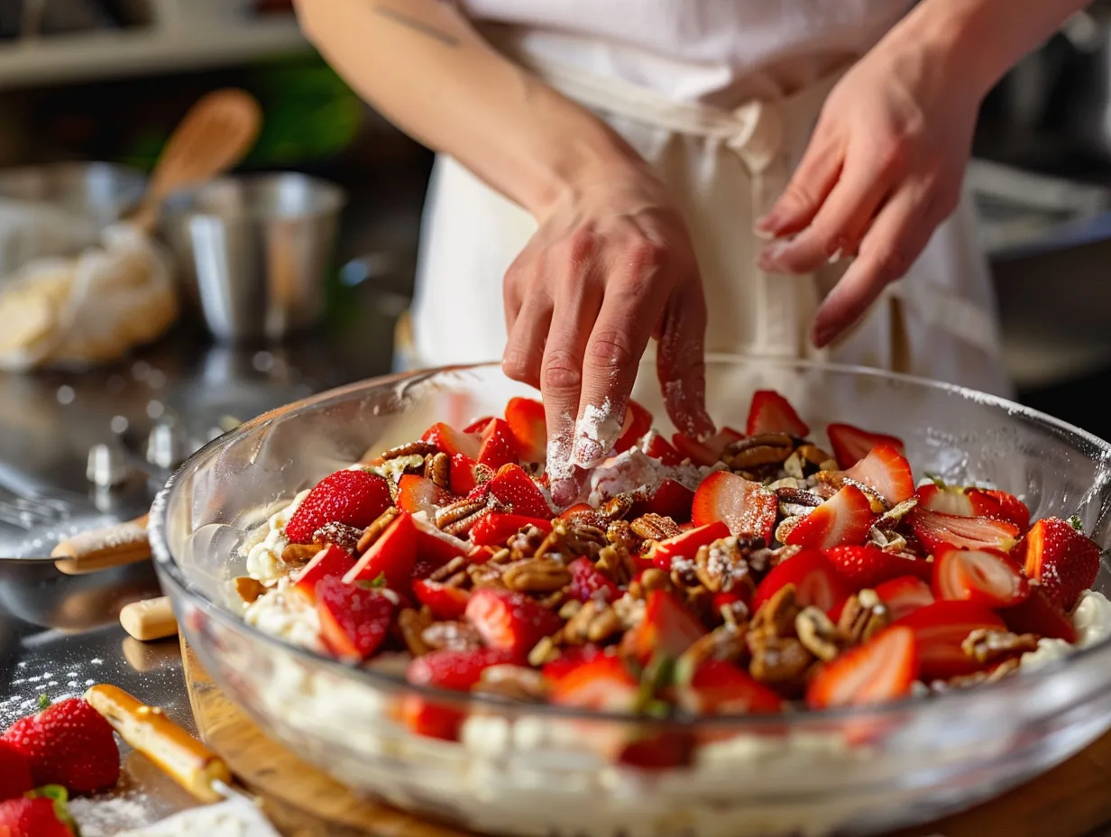 Step by step instructions for making strawberry pecan pretzel salad