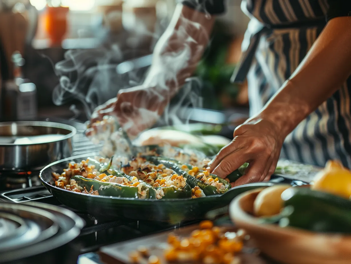 step by step instructions for making stuffed poblano peppers