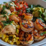 grilled shrimp bowl with avocado corn salsa and creamy sauce
