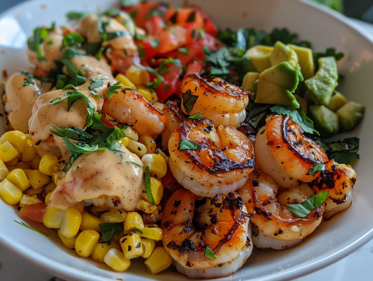 grilled shrimp bowl with avocado corn salsa and creamy sauce
