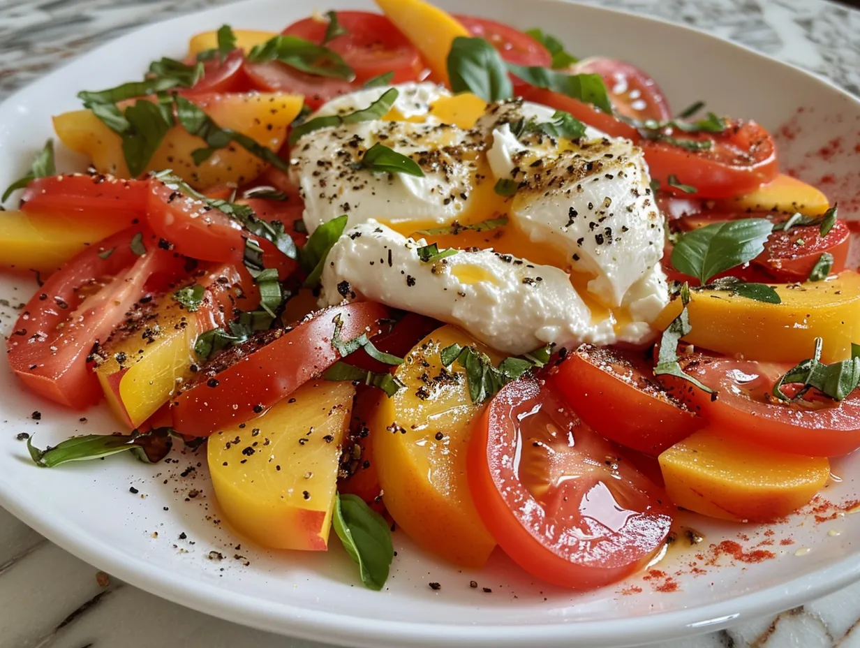 Tomato Peach Burrata Salad Plated