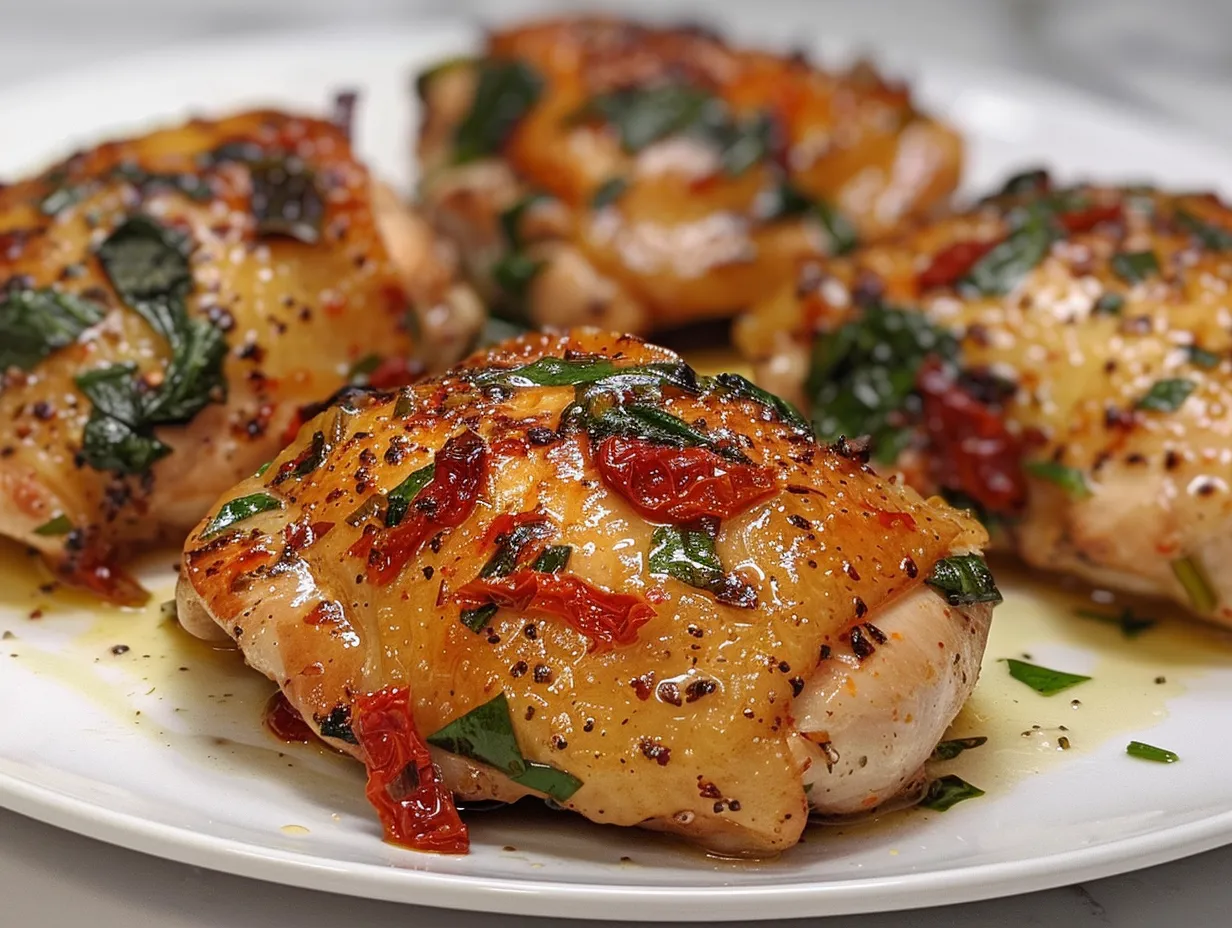 tuscan garlic chicken thighs with spinach and sun-dried tomatoes