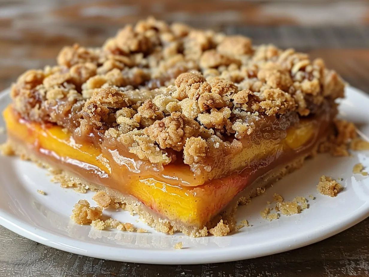 Warm Peach Crumble Bars on a Rustic Wooden Table
