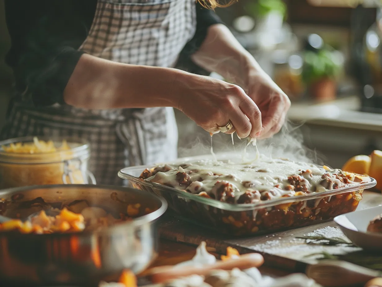 Woman preparing Cheesy Meatloaf Bake in kitchen