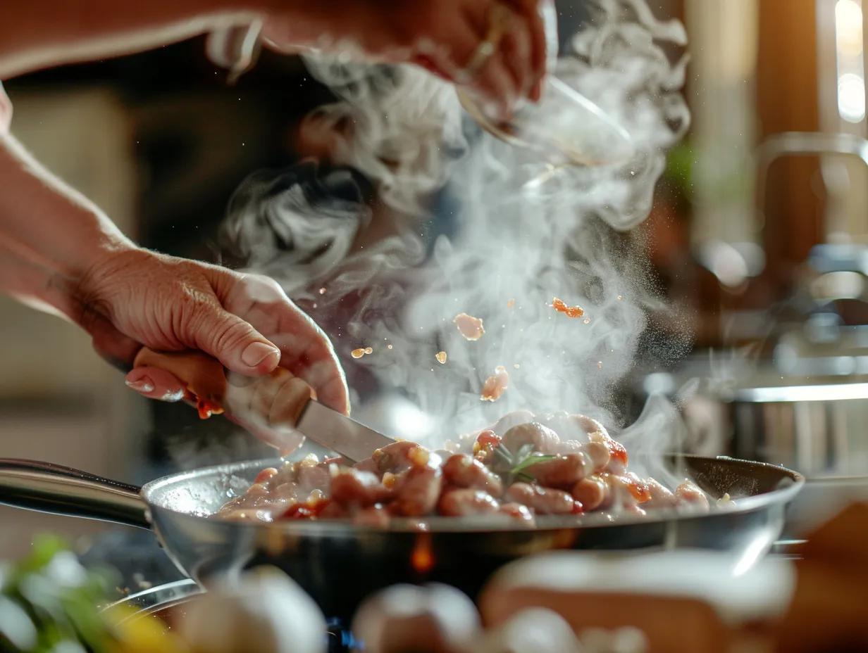 Woman preparing chicken sausage in kitchen